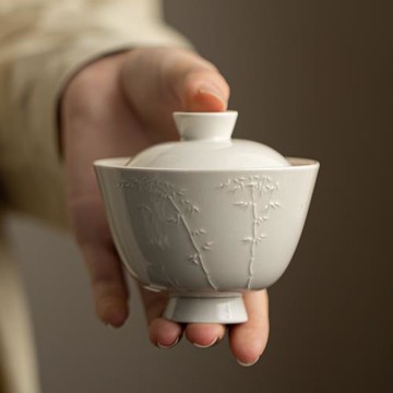 草木灰浮雕高足蓋碗陶瓷泡茶碗功夫茶具精致手抓碗高端茶碗泡茶器