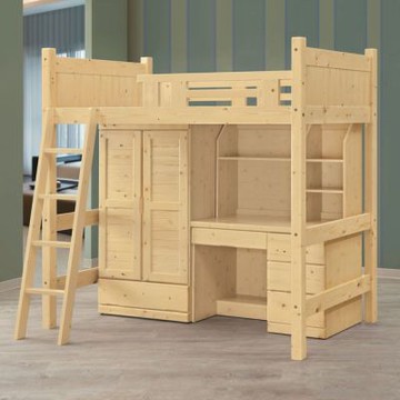 文創集 康順心3.5尺單人實木高床台組合(採用實木床底板＋床架＆衣櫃＆書桌組合)-116x202x206cm免組