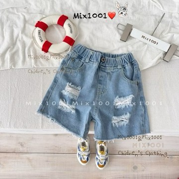 🌈✨mix1001外銷款✨造型方型割破牛仔褲✨兒童淺色刷破短褲105-140