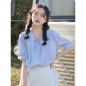 小清新別致襯衫女藍色夏季溫柔風娃娃領蝴蝶結上衣木耳白色襯衣夏