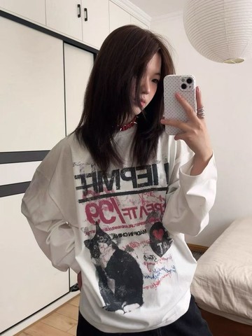 美式復古高街長袖t卹女秋季卡通貓咪印花內搭打底衫寬鬆休閒情侶 女生上衣 男生長袖 大學T 韓版t
