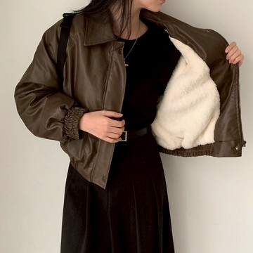 【太妮絲S607】韓系 寬鬆加絨皮衣外套 保暖毛絨內裡 翻領皮外 秋冬皮外套 刷毛 機車外套 加厚皮革外套 百搭 皮外套