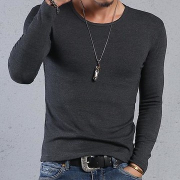 男士新品純棉長袖修身t恤圓領緊身彈力打底衫時尚體恤純色加大碼