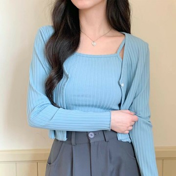 韓國東大門正品 百搭親膚羅紋小可愛+短版針織外套開杉 兩件套