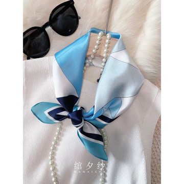 顯白百搭美拉藍色幾何100%桑蠶絲真絲絲巾時尚小方巾頭巾女款春秋