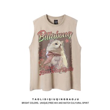 甜酷風貓咪印花無袖T恤女夏季ins寬松休閑情侶麂皮絨坎肩背心上衣