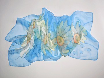 絲巾 手繪雛菊真絲圍巾 碎花長絲圍巾