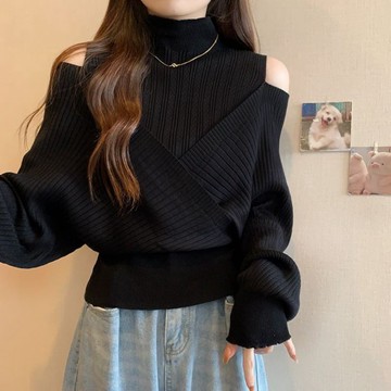 韓版氣質露肩半高領顯瘦假兩件針織上衣 毛衣 長袖上衣 女裝 衣服 發熱衣 保暖上衣 冬裝 ZH002