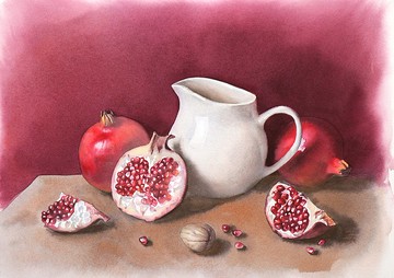 石榴石靜物畫，藝術家伊琳娜·朱納耶娃（Irina Zhunaeva）原創水彩畫