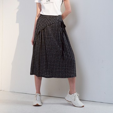 CLL巧玲瓏 黑灰格紋舒適綁帶長裙 2160915