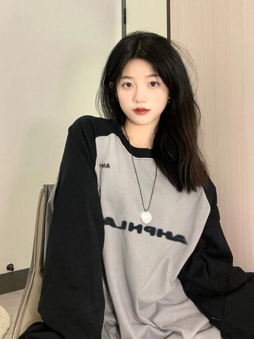 T恤長袖拼接插肩長袖圓領衛衣女寬松慵懶風時尚百搭上衣薄款秋冬新款【倪醬】