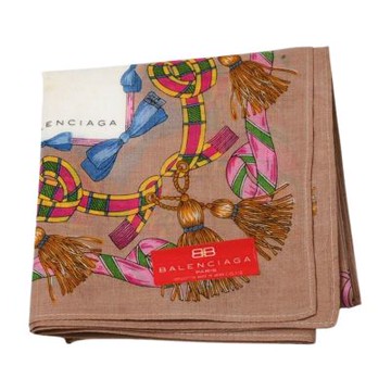 BALENCIAGA 巴黎世家灰藕底流蘇緞帶圖騰字母LOGO帕巾(46CM)