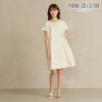 YVONNE 以旺傢飾 長頸鹿印花短袖洋裝-沙丘白