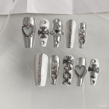 ✨Hannah✨宮廷風歐美帶鑽公主ins風純白中長t可拆卸穿戴甲滿鑽魔鏡辣妹手工穿戴甲 UBF3