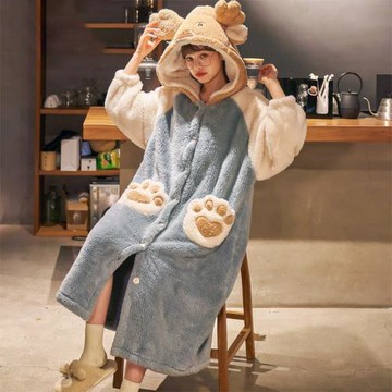 冬天加厚珊瑚絨睡袍女士秋冬季晨袍2024年新款長款浴袍睡衣家居服