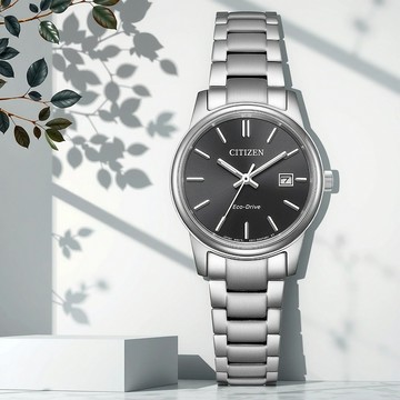 CITIZEN 星辰 光動能簡約女錶-銀x黑 EW2318-90E