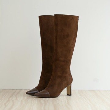 鞋頭拼接-羊猄粗跟長靴-棕色