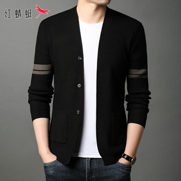 紅蜻蜓針織開衫毛衣男士春季2022年新款寬松保暖休閑上衣外套男裝