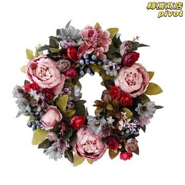 【復古仿真】牡丹花環 燭臺花環 聖誕裝飾 萬聖節裝飾 派對裝飾 仿真花環 35CM直徑 復古做舊工藝 亞克力燭臺 節日氛圍裝飾