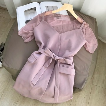 時尚套裝外吊帶襯衫+內搭圓領薄紗 I#281入