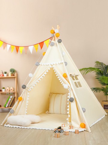 免運 兒童帳篷 戶外帳篷兒童室內三角印第安實木支架男孩女孩ins風分床簡易小屋 快速出貨