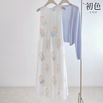 初色 法式簡約印花輕薄休閒無袖圓領背心連衣裙連衣裙連身洋裝長洋裝-白色-12569(M-XL可選)
