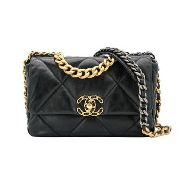 二手品 Chanel 香奈兒 19 菱格羊皮金釦雙色鍊帶手提/肩背包-26cm(AS1160-黑)