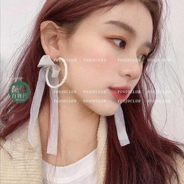 新品🥇YOUJUclub-個性超仙復古蝴蝶結蕾絲飄帶圓環圈圈 耳環 耳夾