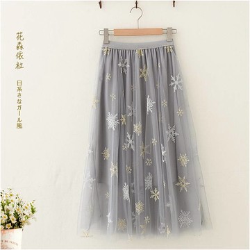 春夏季文藝復古雪花高腰顯瘦中長裙女ins百搭半身裙子仙女網紗裙