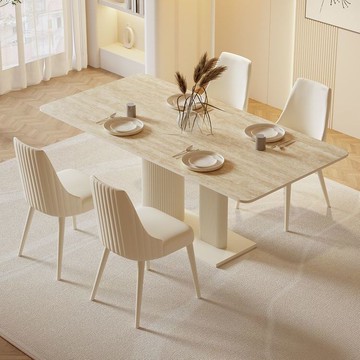 免運 開發票 奶油風餐桌洞石巖板現代輕奢法式簡約小戶型家用長方形組合餐桌椅 快速出貨
