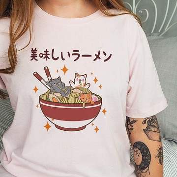 美味的拉麵 中性短袖T恤 淺粉 食物美食日本日文禮物貓咪快速出貨