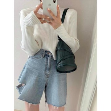韓國chic春夏新款設計感時髦破洞毛邊流蘇高腰牛仔短褲闊腿直筒褲