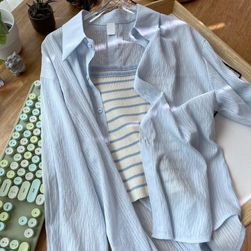 9264位忠實買主🚨 條紋吊帶背心+防曬襯衫 兩件套 女長袖 開衩設計 顯瘦 韓系 ins風 夏季 穿搭