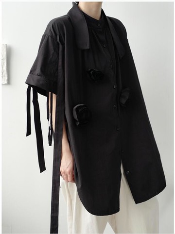 FINDSENSE X  男士 長袖寬松 休閑 手工立體花朵短袖不對稱飄帶襯衫