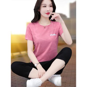 (免運)運動套裝女短袖七分褲2025新款夏季時尚休閑媽媽裝速干冰絲兩件套