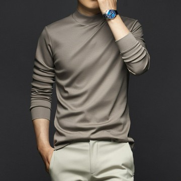 高檔液氨絲光棉長袖t恤男春秋季百搭秋衣抗靜電內搭半高領上衣男鑫弘-衣錦男裝