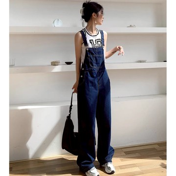 CHILL 現貨 韓系百搭吊帶牛仔褲 女生 牛仔背帶褲 小個子連衣褲子 寬鬆減齡 吊帶褲 預購