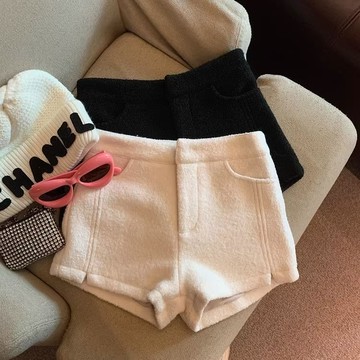 白色毛呢寬版短褲女秋冬辣妹高腰a字休閒褲打底靴褲