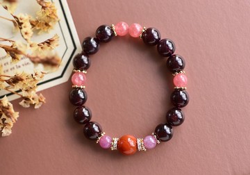 石榴石+菱錳礦+紅寶石+南紅瑪瑙鍍金綴鑽水晶手鍊