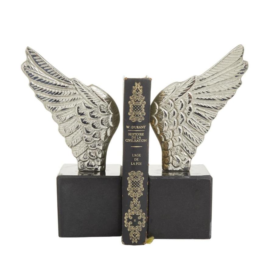 Deco 79 Aluminum Bird Wings Bookends with Marble Base, Set of 5"W, 10"H,