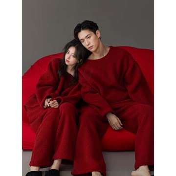 紅色情侶一男一女珊瑚絨睡衣秋冬新婚本命年保暖家居服結婚加厚男