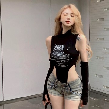 背心 ✨美式黑色挖空無袖連身衣短版上衣女生夏天穿搭緊身顯瘦微辣上衣大碼女裝 10814