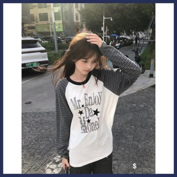 WYZ美式復古插肩撞色紋星星長袖T恤女夏季寬鬆設計感防曬罩衫上衣