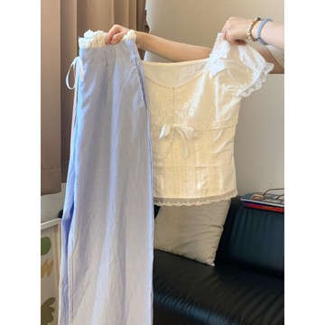 夏季新款韓係穿搭一整套獨特漂亮拚接蕾絲短袖上衣闊腿褲兩件套裝