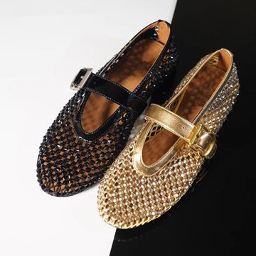 水鉆一字瑪麗珍鏤空網面增高4CM芭蕾舞鞋漁網鞋單鞋樂福鞋女