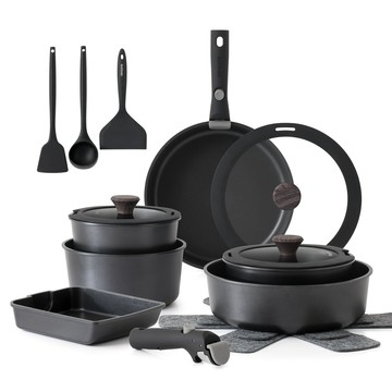 SENSARTE JP-SA-47SET-18PCS-B 可拆式鍋具套裝 不沾塗層 IH瓦斯爐適用 黑色