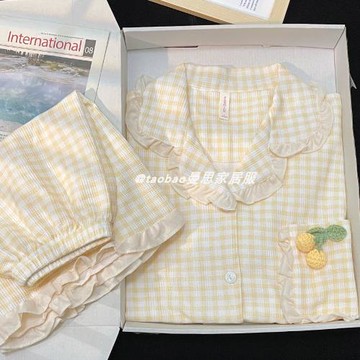 黃色格子睡衣女夏季短袖純棉2023年新款網紅風開衫學生家居服套裝
