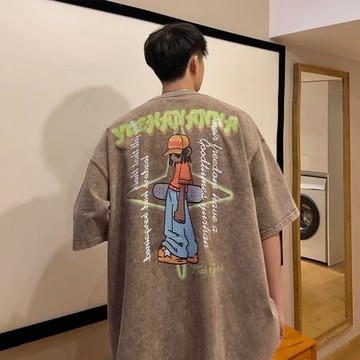 水洗做舊t恤男夏季薄款純棉五分袖上衣美式復古重磅短袖男生衣服