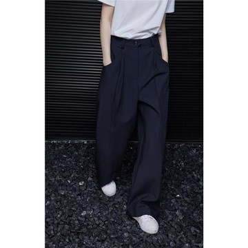 moment藏青色闊腿褲女2025新款高腰寬松休閑顯瘦垂墜感高級感西褲
