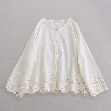 刺繡蕾絲花邊圓領襯衫091801